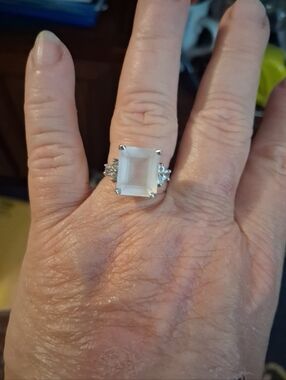 3+ Carat ROSE QUARTZ and CZ Ring In Nickel Free Sterling Plated Size 6